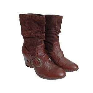 B.O.C Brown Leather Buckle Pull On Block Heel Fashion Boots Women's 6.5(37)